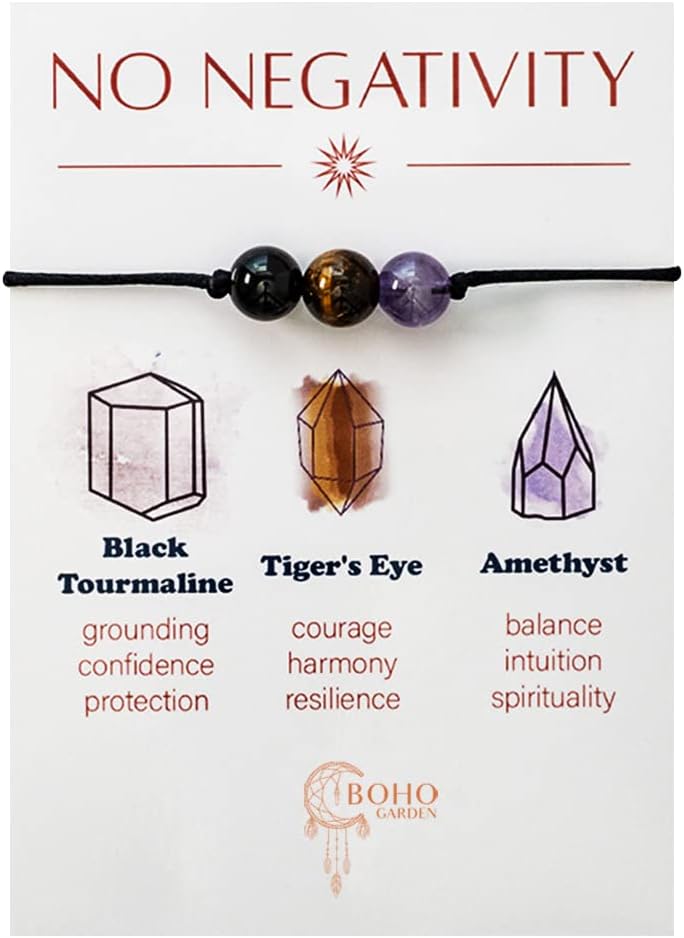 Healing Bead Bracelets - Spiritual Crystal Beaded Bracelet - Made of 3 Real & Natural Gemstones, Adjustable 3-9.7” Black Rope - Gem Stones Jewelry for Men, Women, Teens (13+) - 8mm Bead