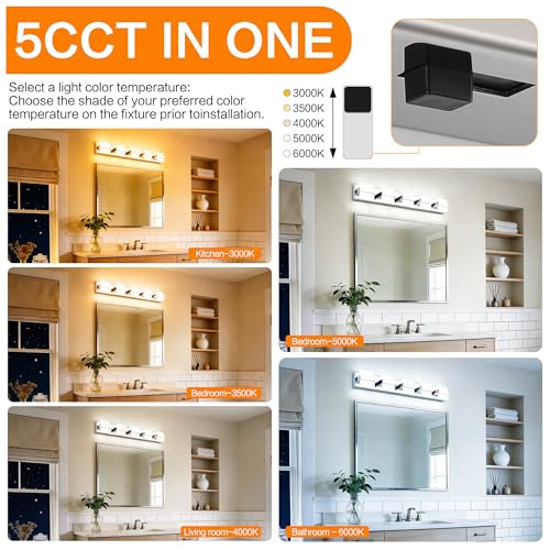 Image of SOLFART Chrome Bathroom Light Fixture, 5 Light LED Vanity Lights Over Mirror, Lights for Bathrooms,5 Color Temperature Adjustable Vanity Lights for Bath Nickel