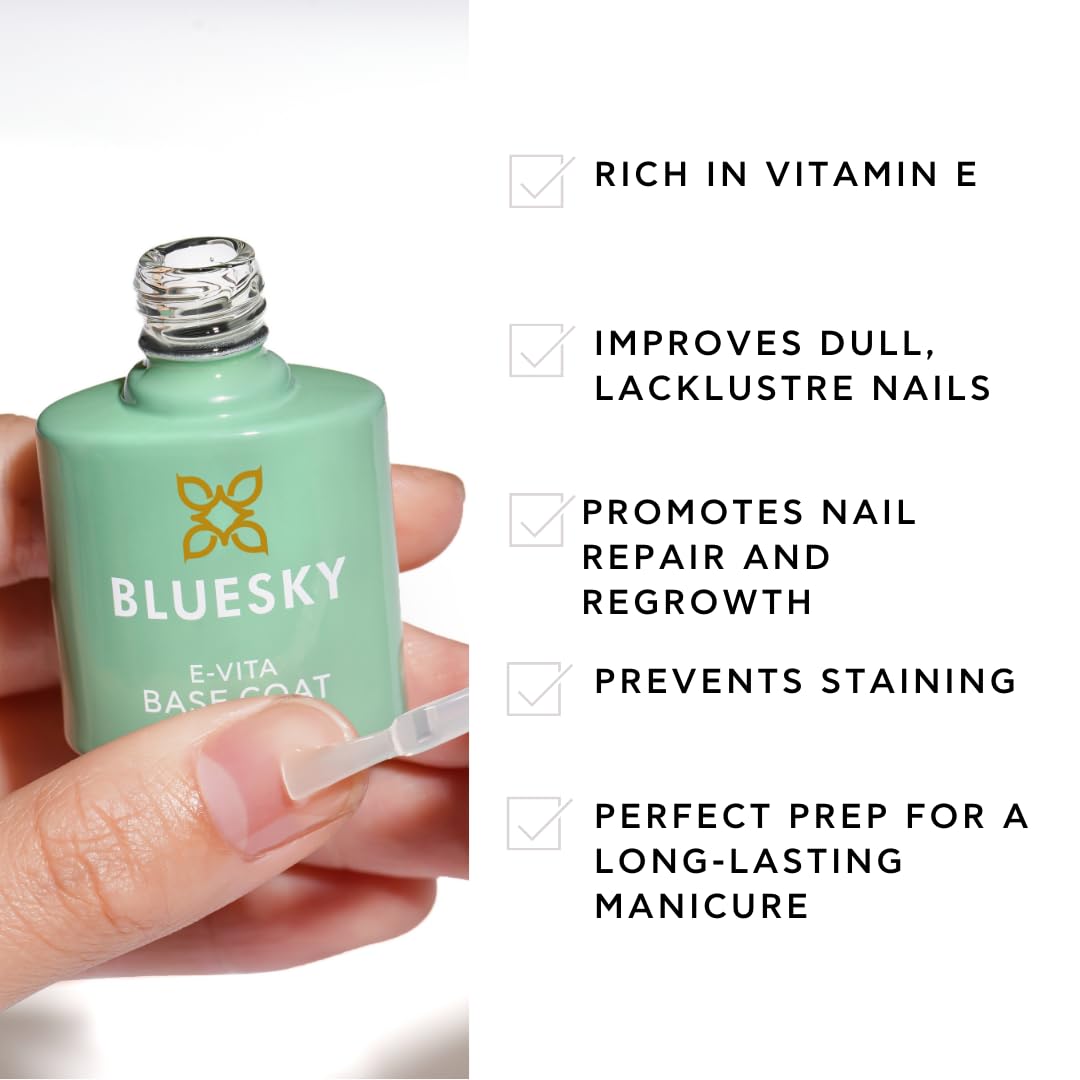 Bluesky E-Vita Base Coat 10ml, Vitamin E Enriched Gel Nail Polish for 21 Day Manicure, Professional, Salon & Home Use, Requires Curing Under LED UV Nail Lamp 1