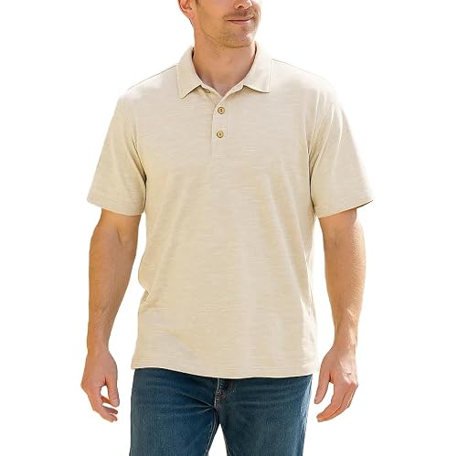 Akwa Men's Slub Knit Texture Short Sleeve Golf Office Soft Breathable Performance Polo Shirt Made in USA Stone