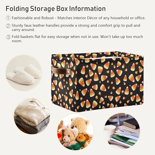 Image of Wamika Halloween Corn Candy Storage Basket with Waterproof Liner and PU Handles Trick or Treat Black Storage Bins Boxes 14.2 inch Collapsible Decorative Organizer Baskets for Bedroom Closet Office 2 Pack