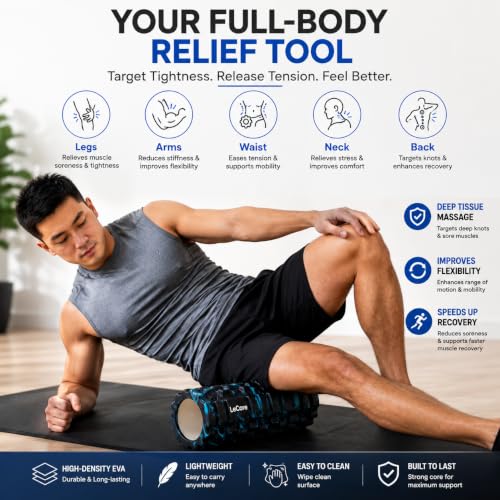 Image of LeCore High Density EVA Foam Roller 30cm for Deep Tissue Massage, Muscle Recovery, Back Pain Relief, Yoga & Physiotherapy | Trigger Point Massage Roller for Stretching, Gym Workout & Fitness | Blue Black Marble