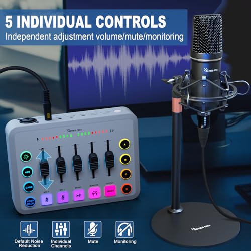 Image of Podcast Equipment Bundle for 2, Streaming Audio Interface with 5 Channel, XLR Microphone Interface, RGB,48V Phantom Power, Perfect for Game,Podcast,Record,TikTok-White (H1)