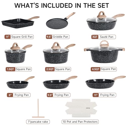 Image of JEETEE 24Pcs Ceramic Cookware Set, Gray Pots and Pans Set Non Stick | Kitchen Healthy Non Toxic Induction Cookware Sets W /Saucepans, Saute Pan, Griddle, Crepe Pan & Pancake Rake (PTFE, PFOSFree)