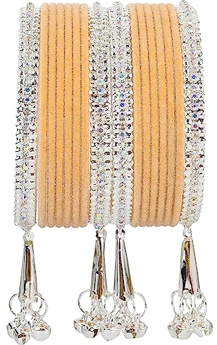 NMII Metal with Zircon Gemstone and Velvet Studded Bells Latkan Bangles Set For Girls and Women I Latkan Bangles, Premium Bangle Bracelet Set (Silver-Peach-2.6 Inches), Pack Of 16