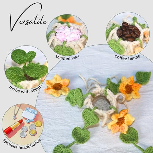Image of ROFIGL Handmade Crochet Hanging Car Air Freshener - Sunny Sunflower Design, 12ml Refillable Thick Glass Bottle, Car Diffuser for Rearview Mirror, Home & Office Cheerful Decor