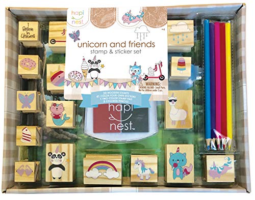 Hapinest Unicorn and Friends Wooden Stamp and Sticker Set for Kids Girls 68