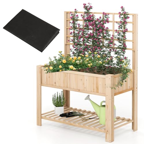 HOMASIS Blumenkasten mit Spalier & Ablage, Hochbeet mit Rankgitter, Pflanzkasten aus Holz, Gartenbeet Blumenbeet Rankkasten Gartenspalier für Balkon, Garten, Terrasse, 116x59x150cm (Natur)