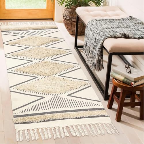 Image of Hand Woven 100% Natural Cotton Export Quality Designer Rug,Carpet, Bed Side Runner for Bedroom,Living Room, Size-2x5 feet or 60 cms x 152 cms (White Triangle)