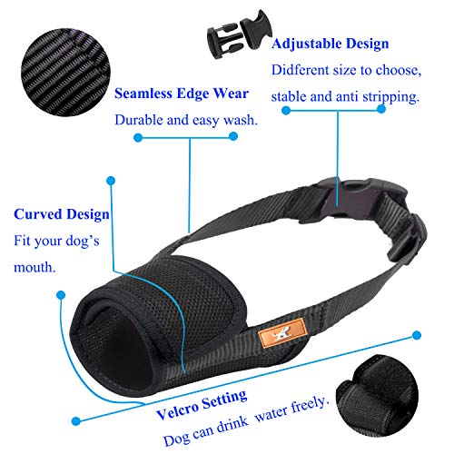 Dog Muzzle Breathable Mesh Mask Stop Biting, Barking and Chewing, Cover with Hook & Loop for Dogs, Adjustable (S,Black)