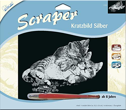 Mammut Spiel & Geschenk 137005 - Kratzbild, Motiv Kätzchen, Silber, glänzend, quer, Komplettset mit Kratzmesser und Übungsblatt, Scraper, Scratch, Kritzel, Kratzset für Kinder ab 8 Jahre