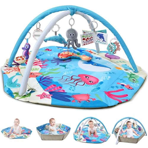 Oasisgalore 8 in 1 Baby Gym Play Mat Baby Activity Centers & Entertainers Foldable Floor Gyms with Mirror Teethers Sound Toys & Washable Fabric Supports Tummy Time and Early Movement