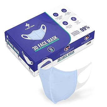 Care view 3D disposable face mask with 3 ply 4 layered filtration, SITRA and BIS(ISI) Certified & Incredibly soft with spandex ear loop, N95 mask type shape ( Pack Of 50, Medical Blue)
