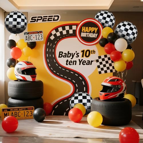 Image of Race Car Balloon Bundle 20 Pcs Checkered Balloons Yellow Red Black | Latex Balloon One Happy 1st 2nd Vintage Two Fast Theme Fast One Race Car Birthday Party Decor Supplies Kit