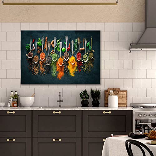 Image of Framed Large Kitchen Wall art Pictures Decor Couful Spice in Spoon Vintage Canvas Wall Art Food Photos Painting On Canvas Home Decoration Gift Ready to Hang 24x36inch