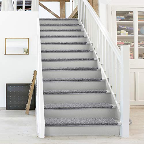 Pure Era Bullnose Carpet Stair Treads Set Tape Free Non-Slip Indoor Stair Protectors Pet Friendly Rugs Covers Soft Skid Resistant Washable Reusable 9.5" X 30"X1.2" (14 Pieces, Gray) #TOP1