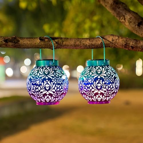 Image of 2 Pack Outdoor Solar Hanging Lantern Lights Metal LED Decorative Lamp for Garden Patio Courtyard Lawn and Table with Hollowed-Out Design (Royal Purple)