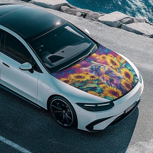 Image of Car Hood Cover Protector Soft Stretch Polyester Fabric Cover Cat and Sunflower Vehicles Decorate Engine Fabric Hood Cover All-Season Protection Suitable for Cars
