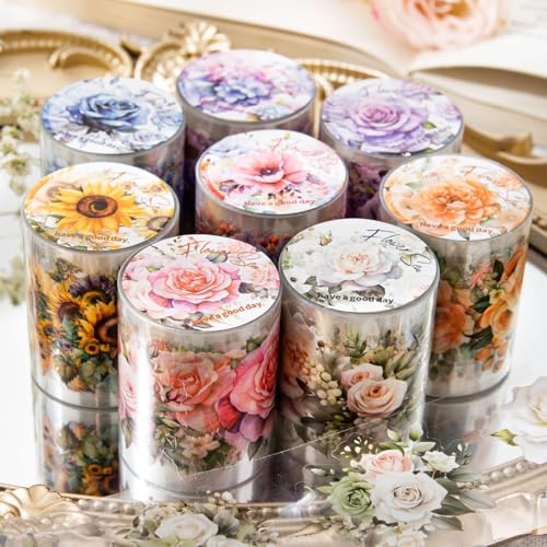 Ningmo Adesivi per scrapbooking, 8 rotoli di adesivi floreali, PET trasparente, rose, ortensie, girasoli, margherite, lavanda, tulipani, impermeabili, durevoli, ideali per scrapbooking, progetti fai