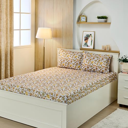 Amazon Brand - Solimo King Size Flat Bedsheet with 2 Pillow Cases | 200 TC | 100% Cotton | Washing Machine Washable | 90 x 108 Inches | Floral Design (Rust)