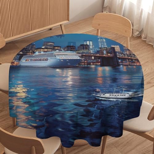 TOWINSFB Modern Cityscape Cruise Ship Table Cloth for Dining Table Night River City Building Round Tablecloth for Kitchen Home Decor Holiday Party, 36 Inch