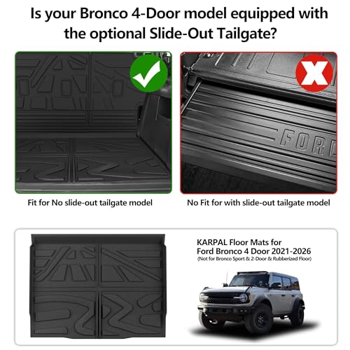 Image of KARPAL Floor Mats for 2021-2026 Ford Bronco 4 Door (Not for Sport), Custom Fit TPE All Weather Ford Bronco Accessories 1st&2nd Row Floor Liner & Cargo Liner & Backrest Mat