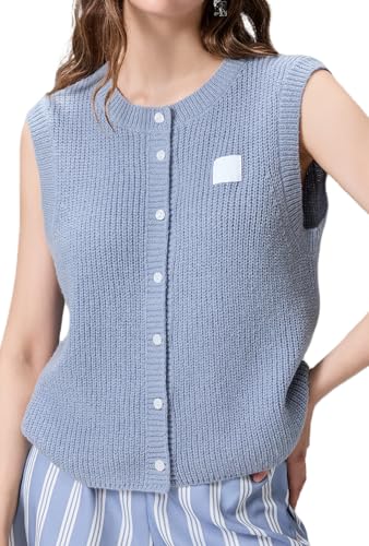 Image of Women Chunky Button Sweater Vest Sleeveless Round Neck Rib Knitted Tank Top Y2k Knitted Cardigan Vest Shirt