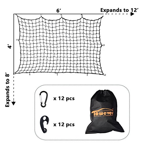 Towever 4'x6' Bungee Cargo Net Pickup Truck Bed Long Stretches to 8'x12', 4x4 inches Mesh Net Small Large Cargo Load Tight - Thumbnail 2