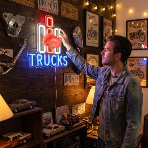 Image of International Harvester Trucks Neon Sign, USB Powered Harvester Neon Sign for Wall Decor Tractor Neon Light for Man Cavet, Dimmable Neon Light Wall Hanging Decor for Truck Culture Lover, Mechanic Shop, Garage, Man Cave Room