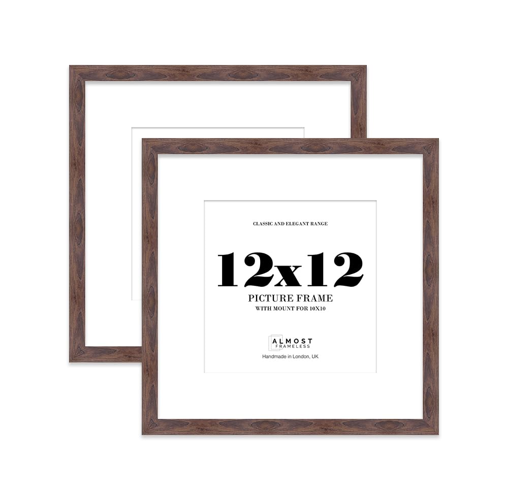 12x12 Walnut Picture Frame with Mount for 10x10 Photos, Prints - Modern Square Wall Frame, Set of 2