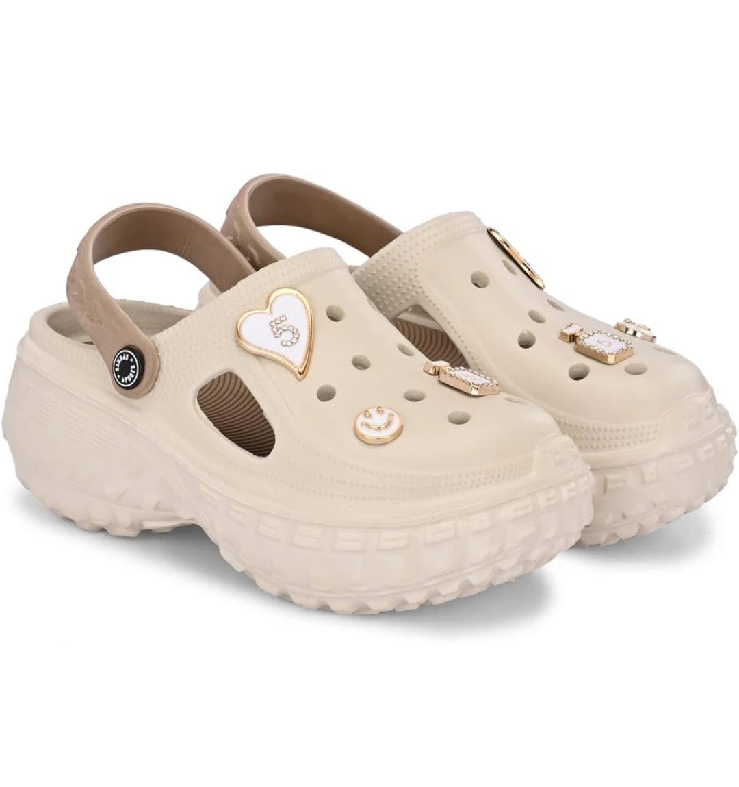 Slingback Casual Slip-On Clogs for Women with Cute Charms | Lightweight Platform Heels | Comfortable & Fashionable Women?s Clog Slippers, Travel & Outdoor Use (Brown)