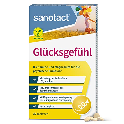 sanotact Glücksgefühl (20 Tabletten) • Natürlicher Stimmungsaufheller hochdosiert • Vitamin Tabletten mit Zitronenmelisse, Vitamin B Komplex, L-Tryptophan & Magnesium • B-Vitamine
