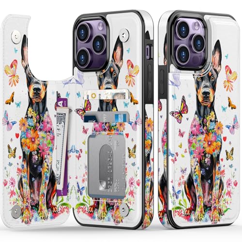 FUNMIKO for iPhone 14 Pro Wallet Case with Card Holder, RFID-Blocking, Military-Grade Drop Protection & Floral Animal Design, Magnetic Closure with Leather Kickstand - Vibrant Doberman