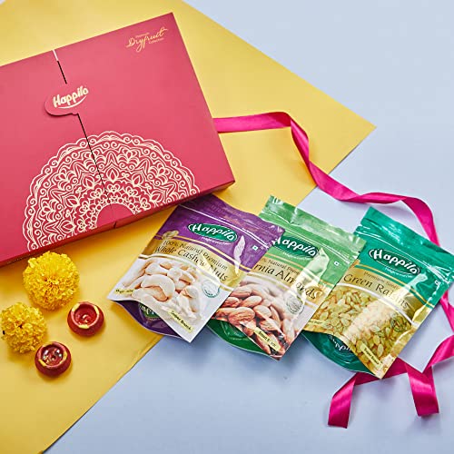 Image of Happilo Dry Fruit Celebrations Gift Box Marigold - California Almonds, Premium Cashews & Raisins, Mixed Nut, 650 g, 3 Count (Pack of 3)