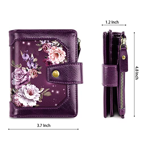 Small Wallet for Women, RFID Blocking Leather Compact Billfold RFID Blocking Zipper Wallet with ID Window,Purple Flowers4