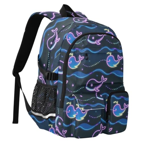 Mochila de viaje grande de ballena azul y ondas para libros escolares de niñas 2