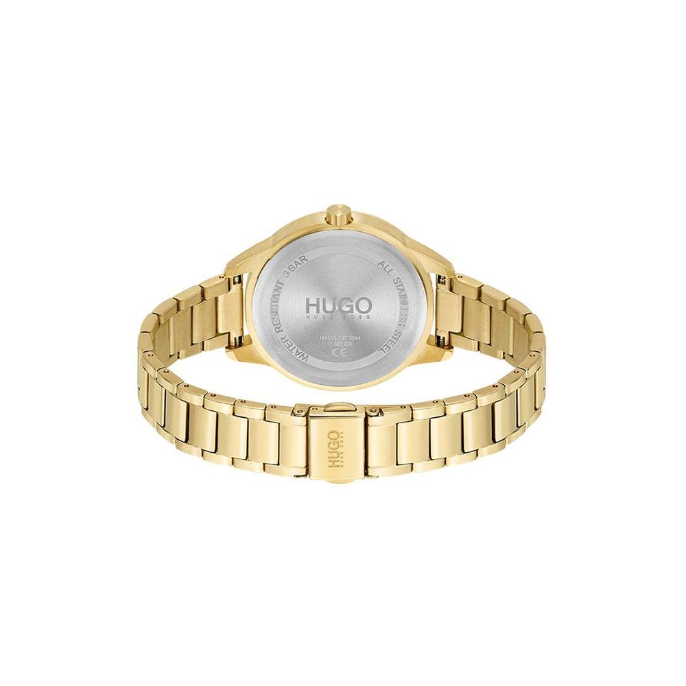 HUGO #Friend 1540091 Damen-Multifunktions-Armbanduhr aus Edelstahl und Gliederarmband, Farbe: vergoldet