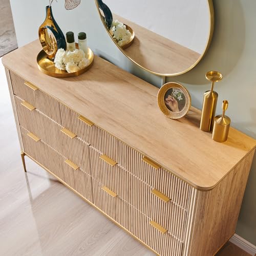 T4TREAM Fluted 7 Drawers Dresser for Bedroom, 54" Wide Modern Dresser TV Stand, Gold Accents, Fluted Fronts, Wood Storage Dressers Organizer for Bedroom, Living Room, Natural Oak - Image 6