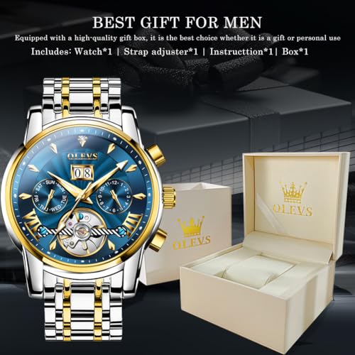 Image of OLEVS Watches for Men Automatic Skeleton 5 Hands Mechanical Luxury Watch Classic Calendar Stainless Steel Waterproof Mens Wrist Watch