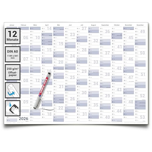 Abwischbarer XXL Jahresplaner Wandkalender 2026. Wandplaner gerollt 118,8x84cm gross DIN A0 inklusive 1 Marker. Jahreskalender 2026, Kalender - deutsche Sprache - von Gigatime