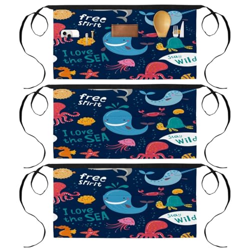 Tablier court de cuisine à 3 poches pour serveur et bistrot, lot de 3 demi-tabliers motif marin