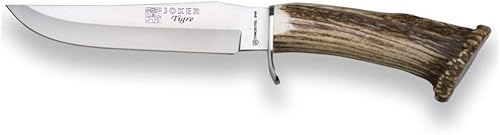 Cuchillo de caza Tigre CN34, con mango de corona de ciervo y hoja de acero inoxidable de 6.69 pulgadas, 10.58oz, casquillo de acero inoxidable,