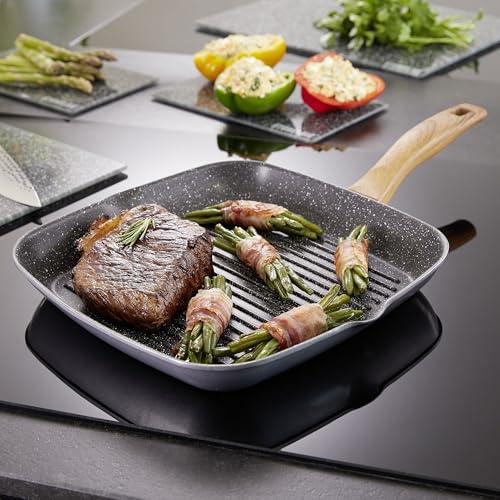 Back to Nature Grill Pan, 28cm, Cast Aluminium, Non-Stick Coated with Real Stone Particles, Gray, Induction Compatible, Wood Effect