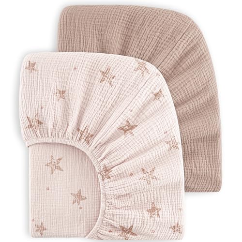 Image of Bearmoss Muslin Crib Sheets - 100% Cotton Baby Crib Sheets Fitted for Standard Crib Mattress & Toddler Bed Mattress 52"x28" Soft Breathable Crib Sheet Neutral for Boys Girls - 2 Pack (Pink Star)