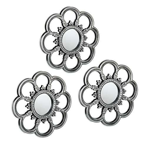 Relaxdays Espejos Pared Set 3 Diseño Floral, Redondos, Decorativos, Salón, Pasillo, 26 cm c/u, Marcos Plástico, Plateado, 26 x 2 cm Aprox