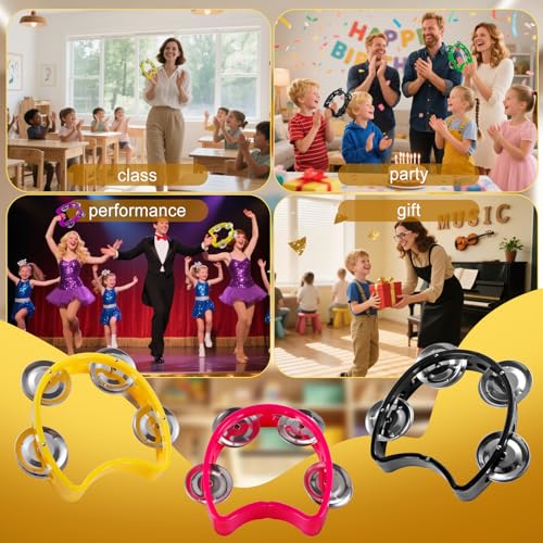 Pack of 3 Half Moon Musical Tambourine, Double Row Metal 4 Jingle Bells Mini Hand Held Percussion Drum with Ergonomic Handle Grip (Black & Pink & Yellow)