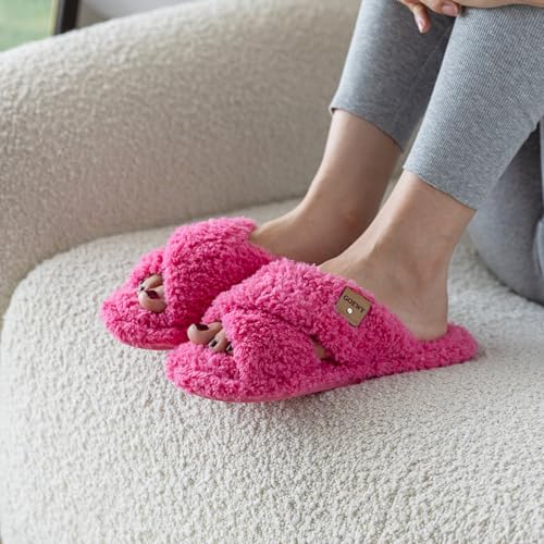 Image of GOEWY Fuzzy Open Toe Slippers for Women Cozy Memory Foam House Shoes Indoor | Cute Cross Band,Soft Faux Fur,Anti-slip Sole Outdoor,Machine-washable,Lightweight,Slip on Gifts for Women,Mom and Bridesmaid