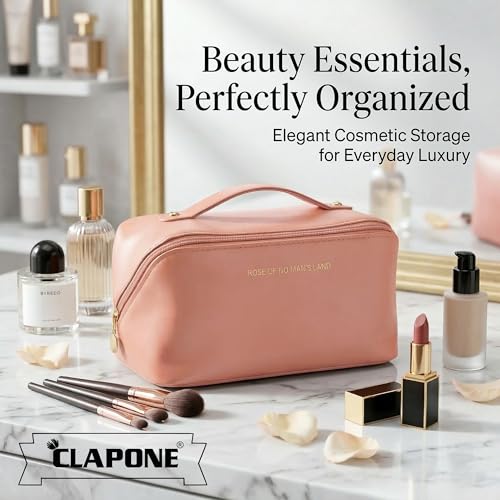 Image of Cosmetic Bag for Women, PU Leather Makeup Pouch, Large Capacity Travel Makeup Organizer with Divider & Handle, Waterproof Portable Vanity Storage Bag for Toiletries (Pink)