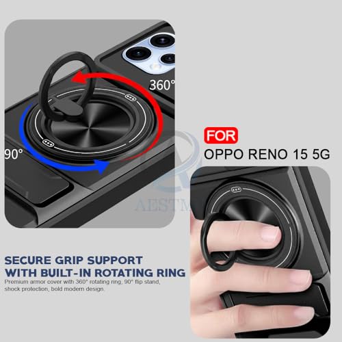 Image of AESTMO Oppo Reno 15 5G Back Cover | Armor Camera Slider 360 Degree Rotating Finger Ring Holder Case with Bracket Stand Back Case Cover for Oppo Reno 15 5G (Compatible with MagSafe Accessories) (Black)