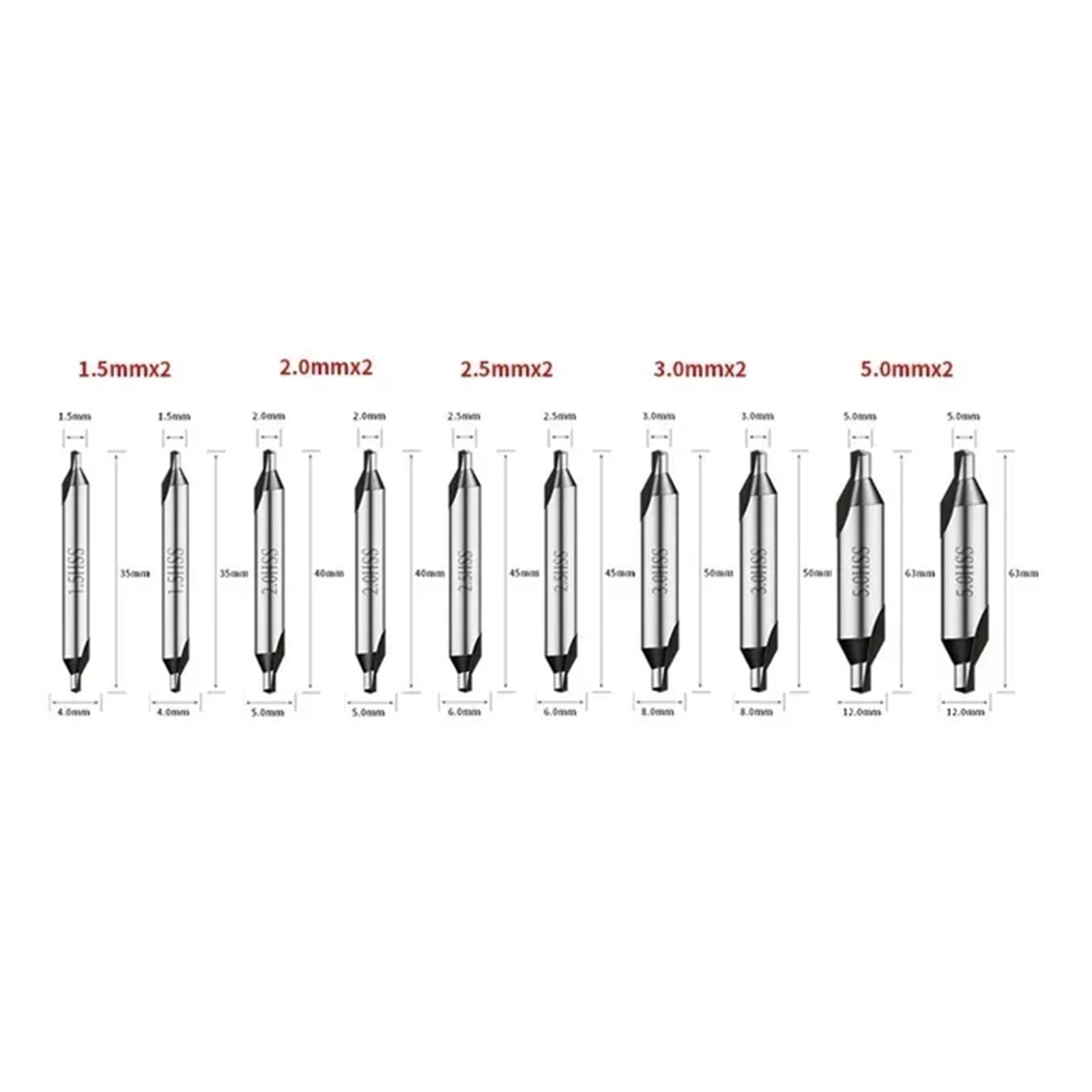 Brocas de centro de acero rápido, Juego de brocas centrales combinadas HSS 60 grados 1,0-6,0 mm 10 piezas(10pcs 1.5-5.0mm)